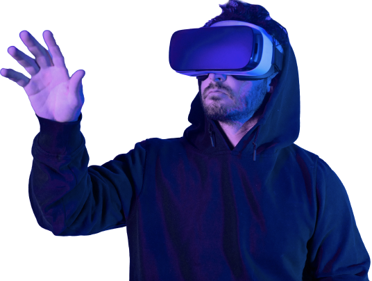man in vr helmet with features